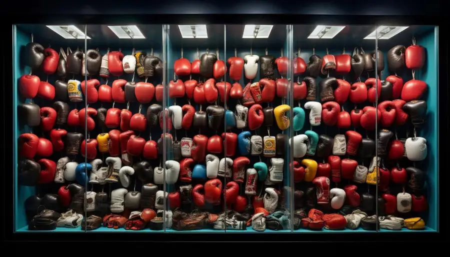 estanteria llena de diferentes tipos de guantes de boxeo